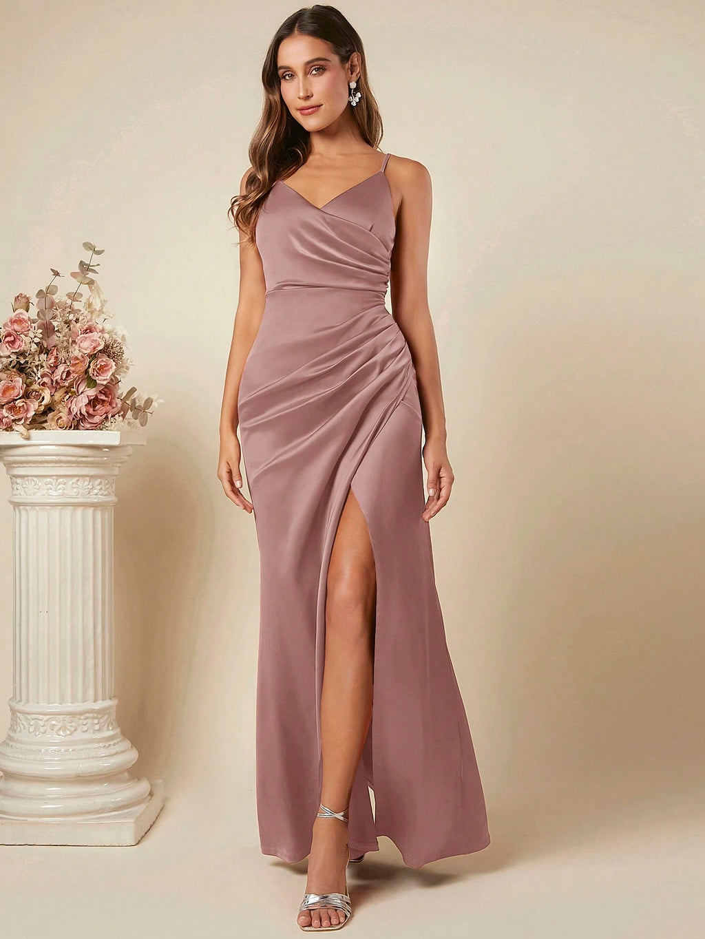 Belle Ruched Split Thigh Cami Dress Elegant Bridesmaid Dress Wedding Guest Dress - Elegant Floor Length Gown - image 17
