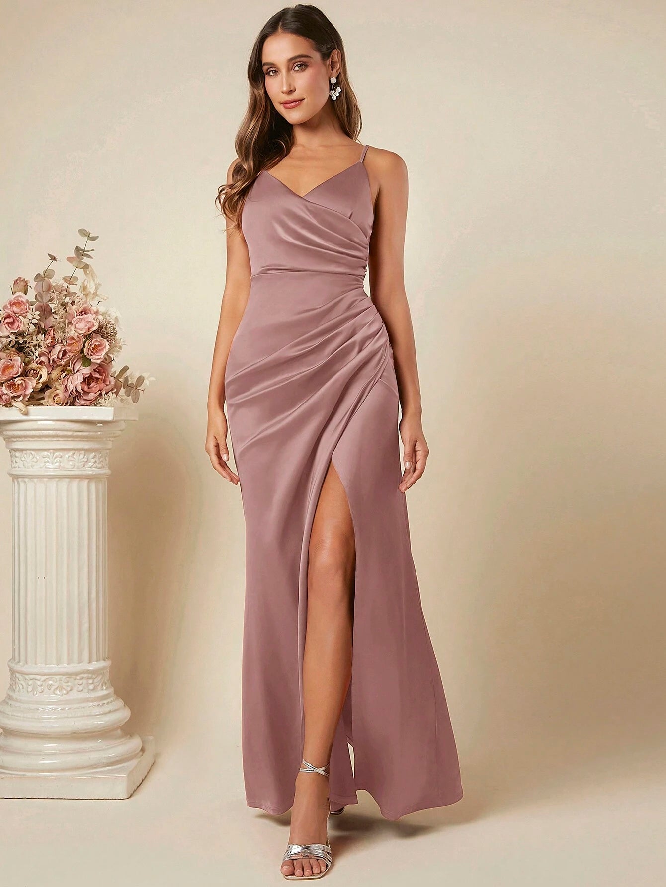 Belle Ruched Split Thigh Cami Dress Elegant Bridesmaid Dress Wedding Guest Dress - Elegant Floor Length Gown - image 17