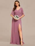 EVERPRETTY Summer Early Autumn Elegant Off-Shoulder Ruffle Sleeve V-Neck High Waist Fitted Chiffon Sage Green