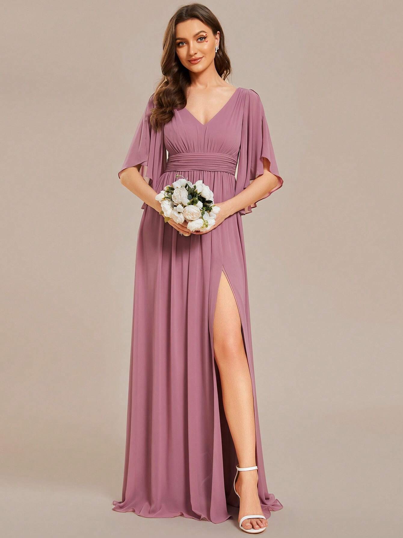 EVERPRETTY Summer Early Autumn Elegant Off-Shoulder Ruffle Sleeve V-Neck High Waist Fitted Chiffon Sage Green