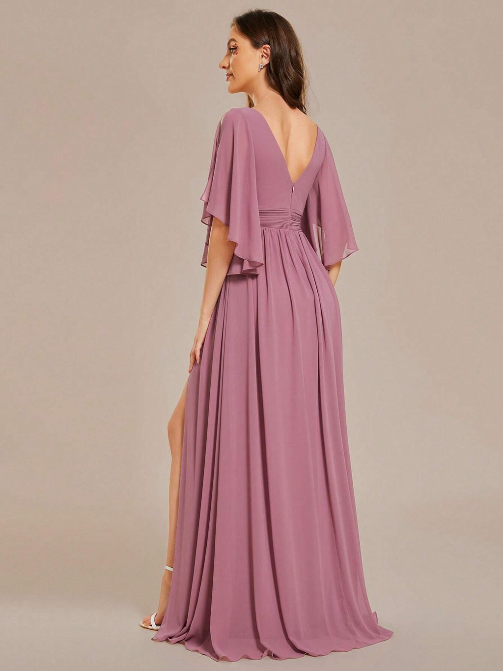EVERPRETTY Summer Early Autumn Elegant Off-Shoulder Ruffle Sleeve V-Neck High Waist Fitted Chiffon Sage Green - image 2