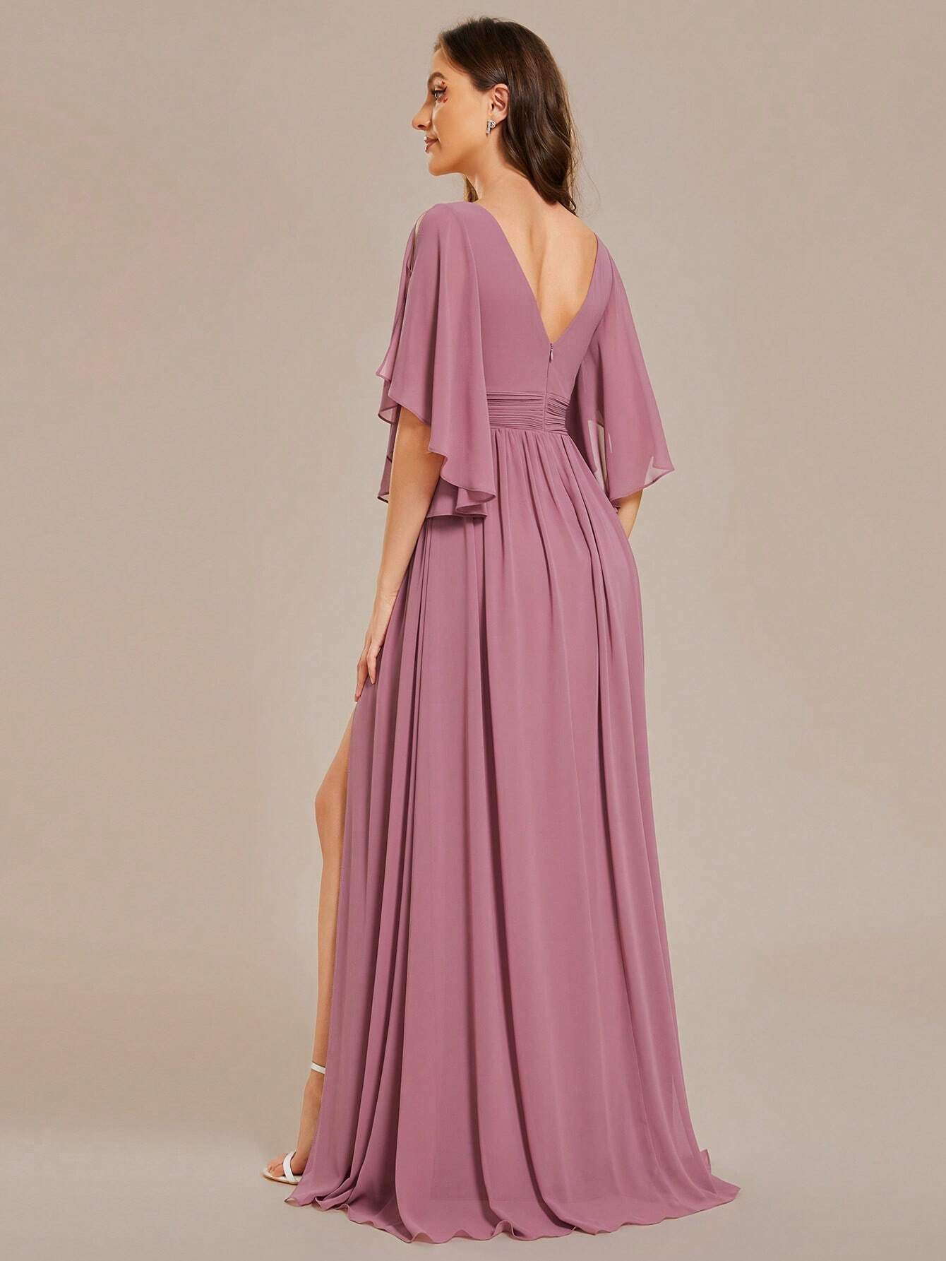 EVERPRETTY Summer Early Autumn Elegant Off-Shoulder Ruffle Sleeve V-Neck High Waist Fitted Chiffon Sage Green - image 2