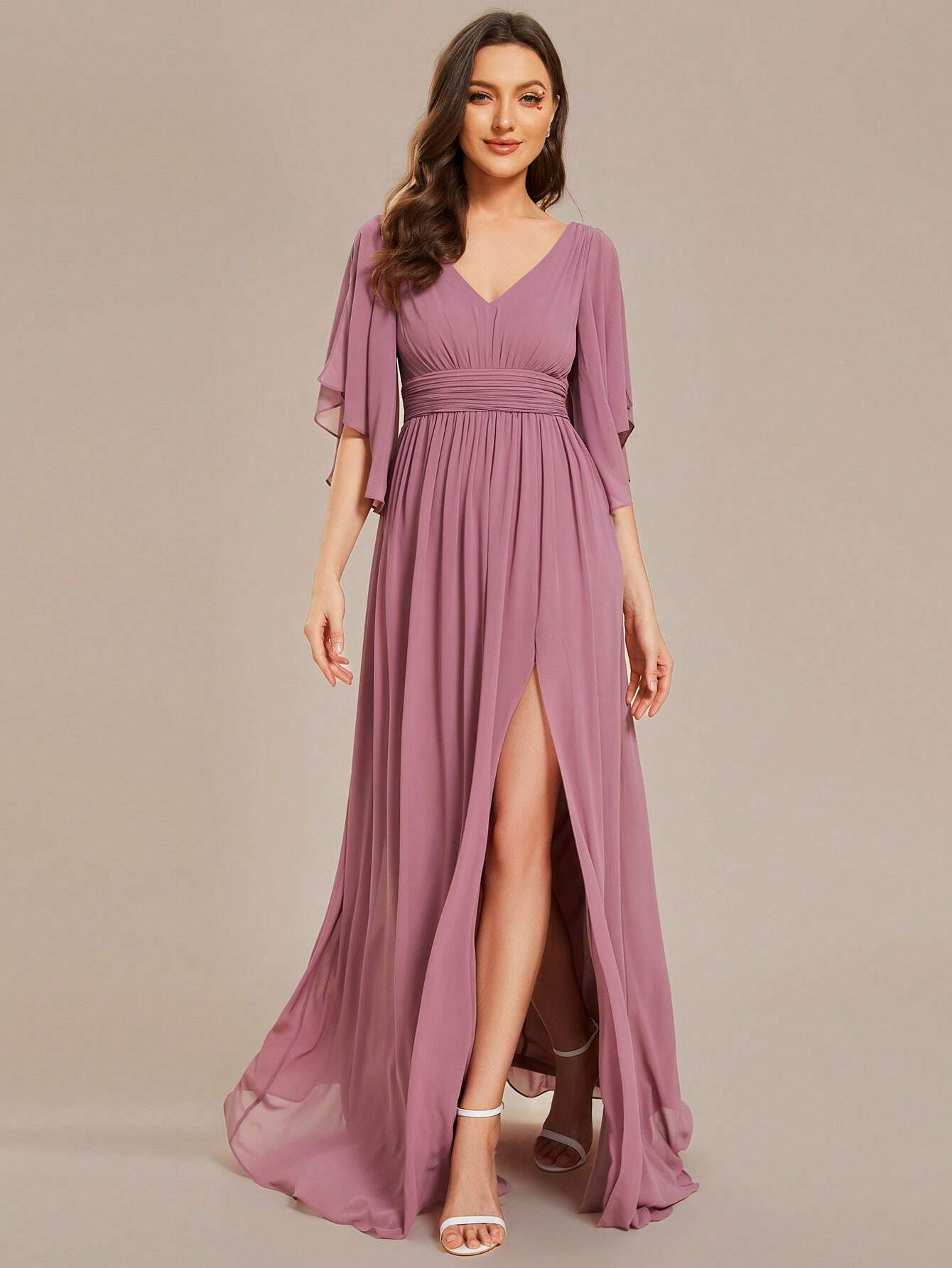 EVERPRETTY Summer Early Autumn Elegant Off-Shoulder Ruffle Sleeve V-Neck High Waist Fitted Chiffon Sage Green - image 3