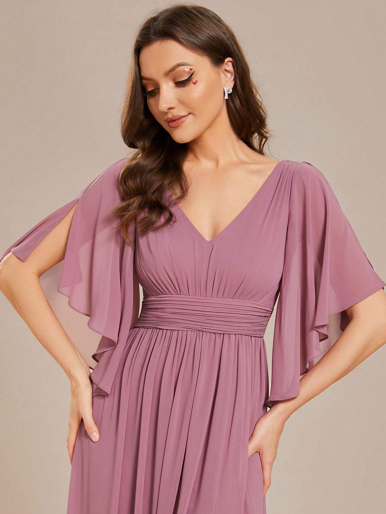 EVERPRETTY Summer Early Autumn Elegant Off-Shoulder Ruffle Sleeve V-Neck High Waist Fitted Chiffon Sage Green - image 4