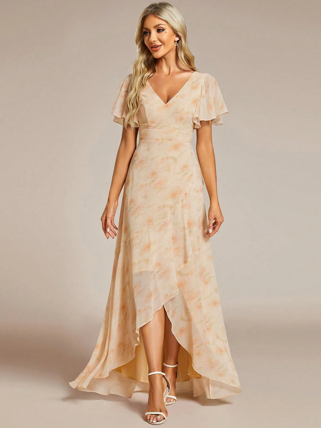 Butterfly Sleeve Ruffle Trim Wrap Hem Chiffon Bridesmaid Dress Elegant Dress