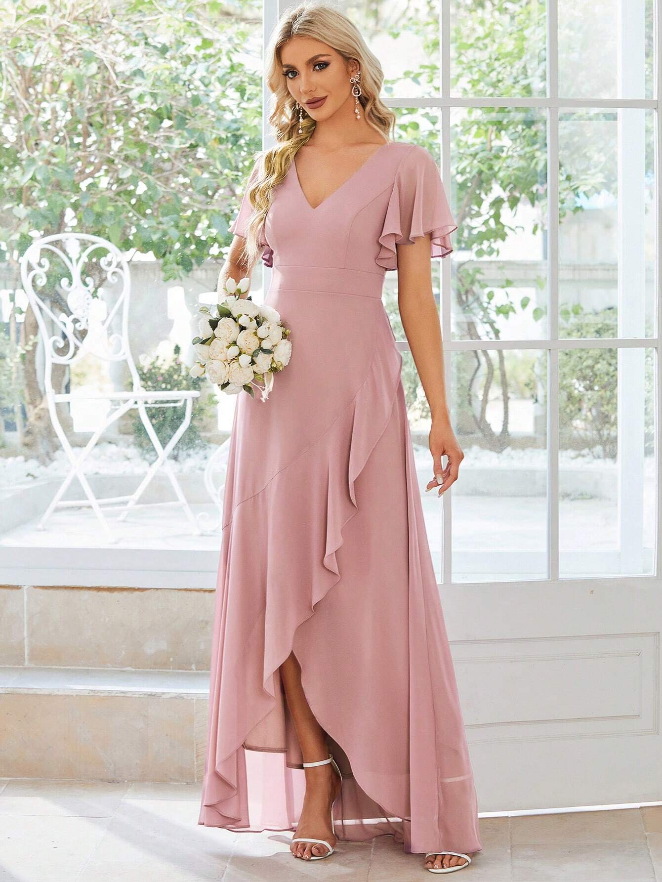 Butterfly Sleeve Ruffle Trim Wrap Hem Chiffon Bridesmaid Dress