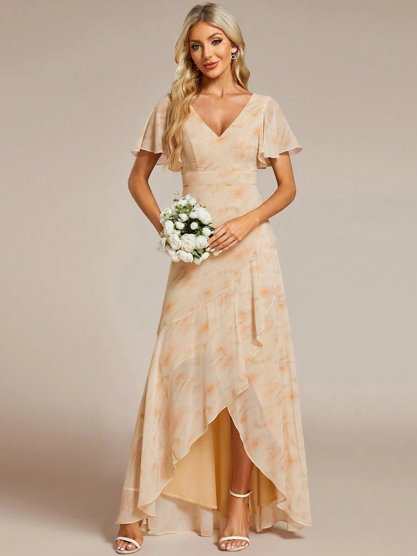Butterfly Sleeve Ruffle Trim Wrap Hem Chiffon Bridesmaid Dress Elegant Dress - image 3