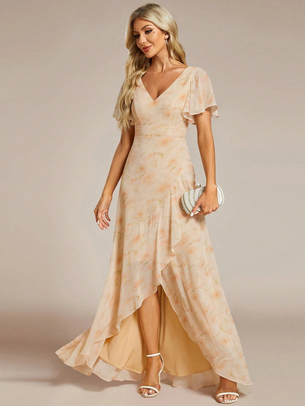 Butterfly Sleeve Ruffle Trim Wrap Hem Chiffon Bridesmaid Dress Elegant Dress - image 4