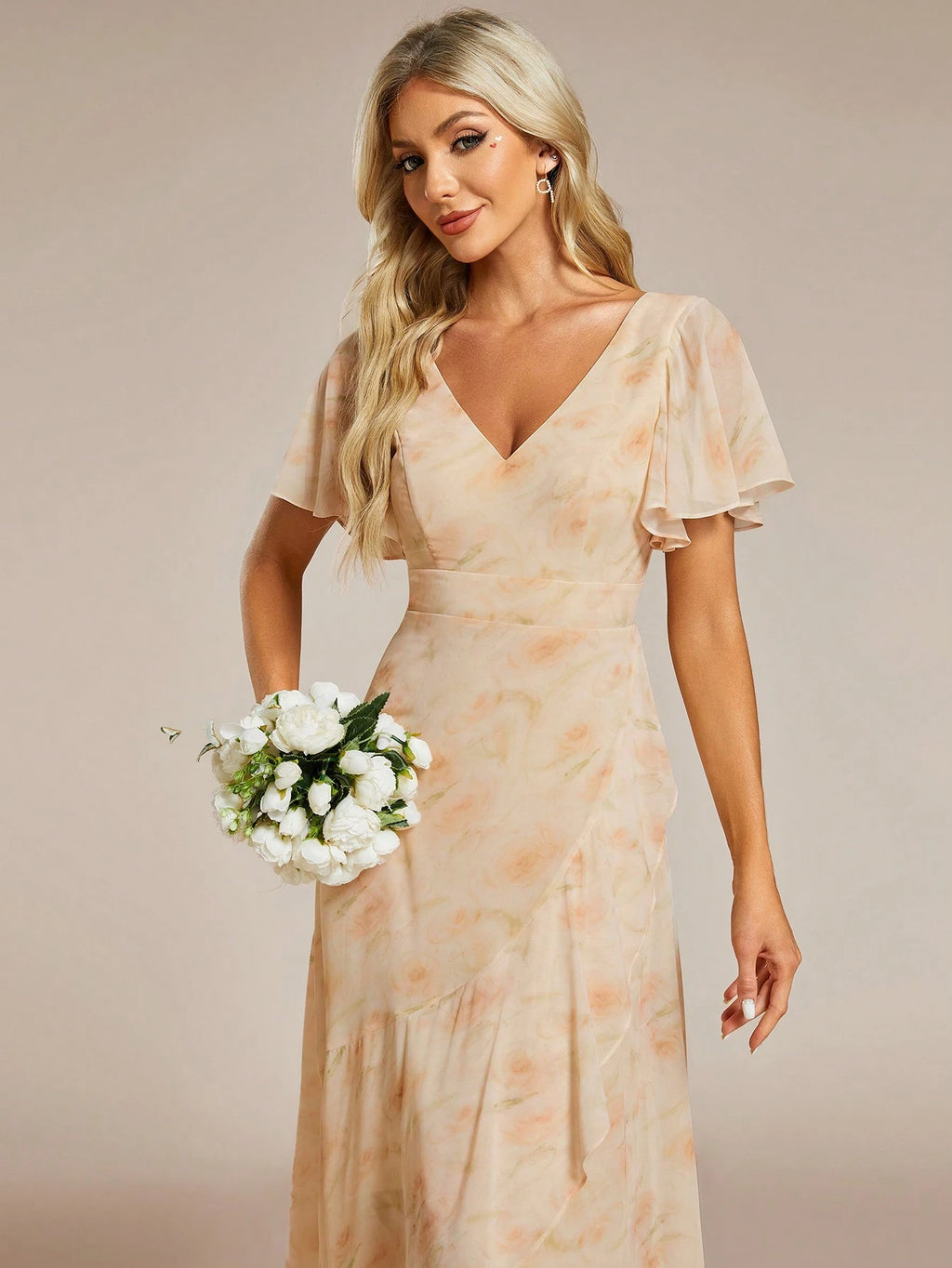Butterfly Sleeve Ruffle Trim Wrap Hem Chiffon Bridesmaid Dress Elegant Dress - image 5
