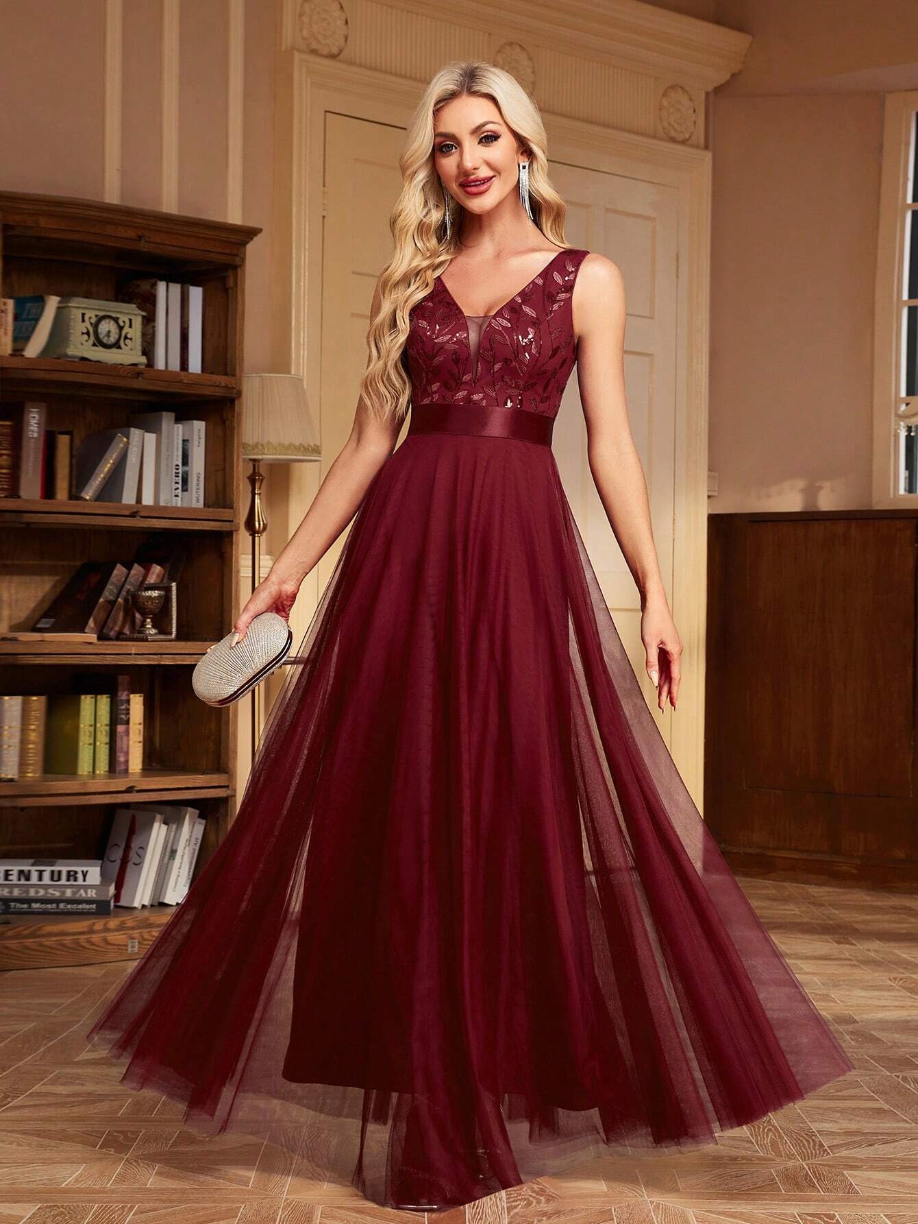 XUCTHHC Elegant Sequin Embroidered Mesh V-Neck Sleeveless A-Line Evening Gown, Suitable For Prom, Party, - image 2