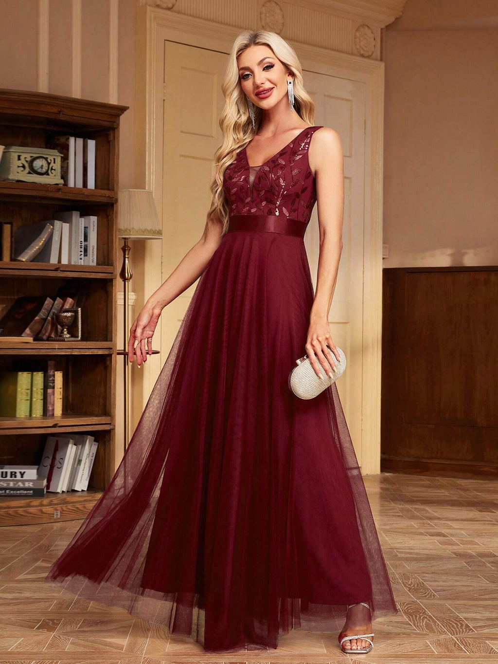 XUCTHHC Elegant Sequin Embroidery & Mesh V-Neck Sleeveless A-Line Bridesmaid Dress, Suitable For Prom, Party, - image 15