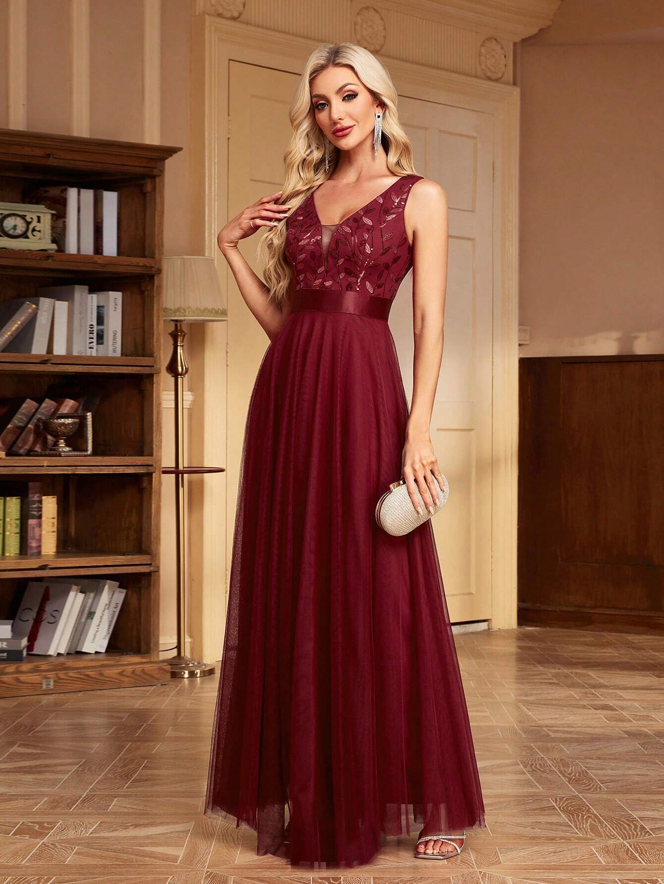 XUCTHHC Elegant Sequin Embroidered Mesh V-Neck Sleeveless A-Line Evening Gown, Suitable For Prom, Party, - image 6