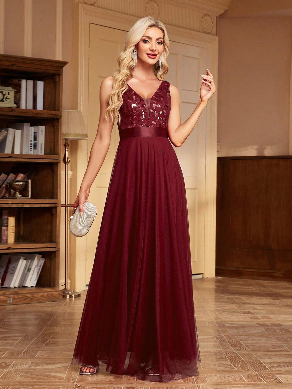 XUCTHHC Elegant Sequin Embroidered Mesh V-Neck Sleeveless A-Line Evening Gown, Suitable For Prom, Party, - image 7