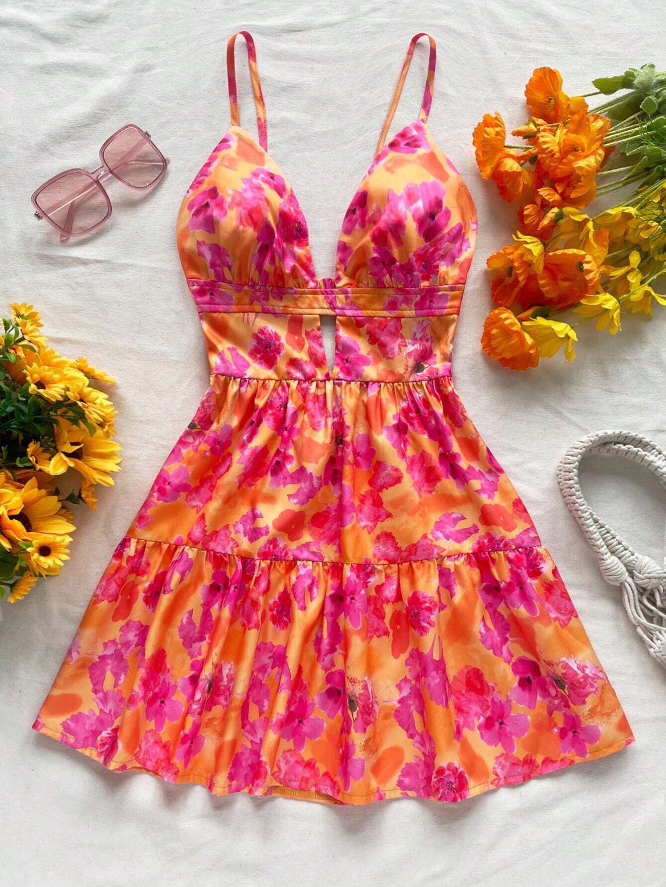 Soleia Vacation Spaghetti Strap V-Neck Hollow Out Backless Floral Dress,Sun Dress,Summer Dresses For Women