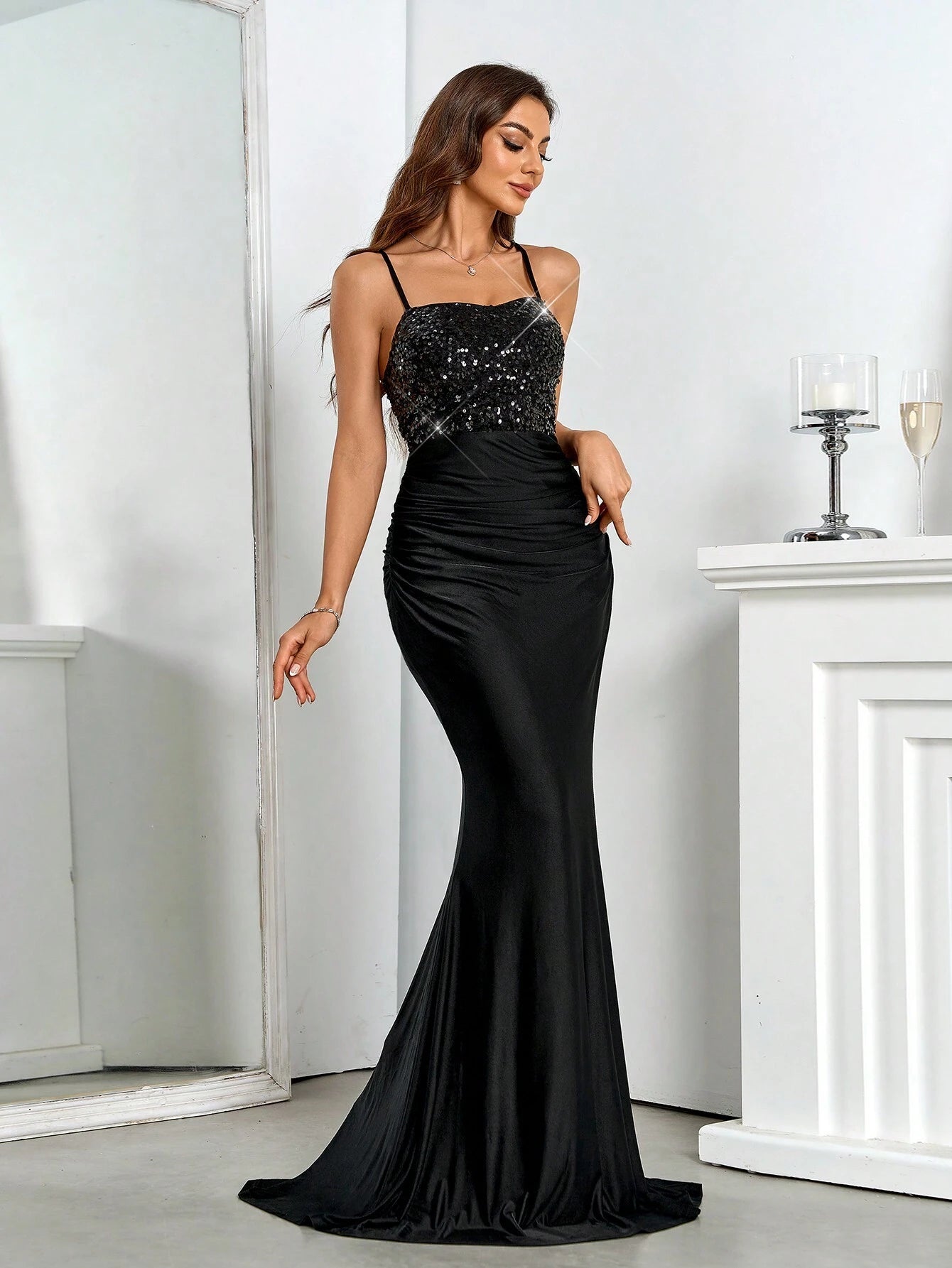Belle Elegant,Grey,Summer,Dining Royal Blue Sequined Backless Satin