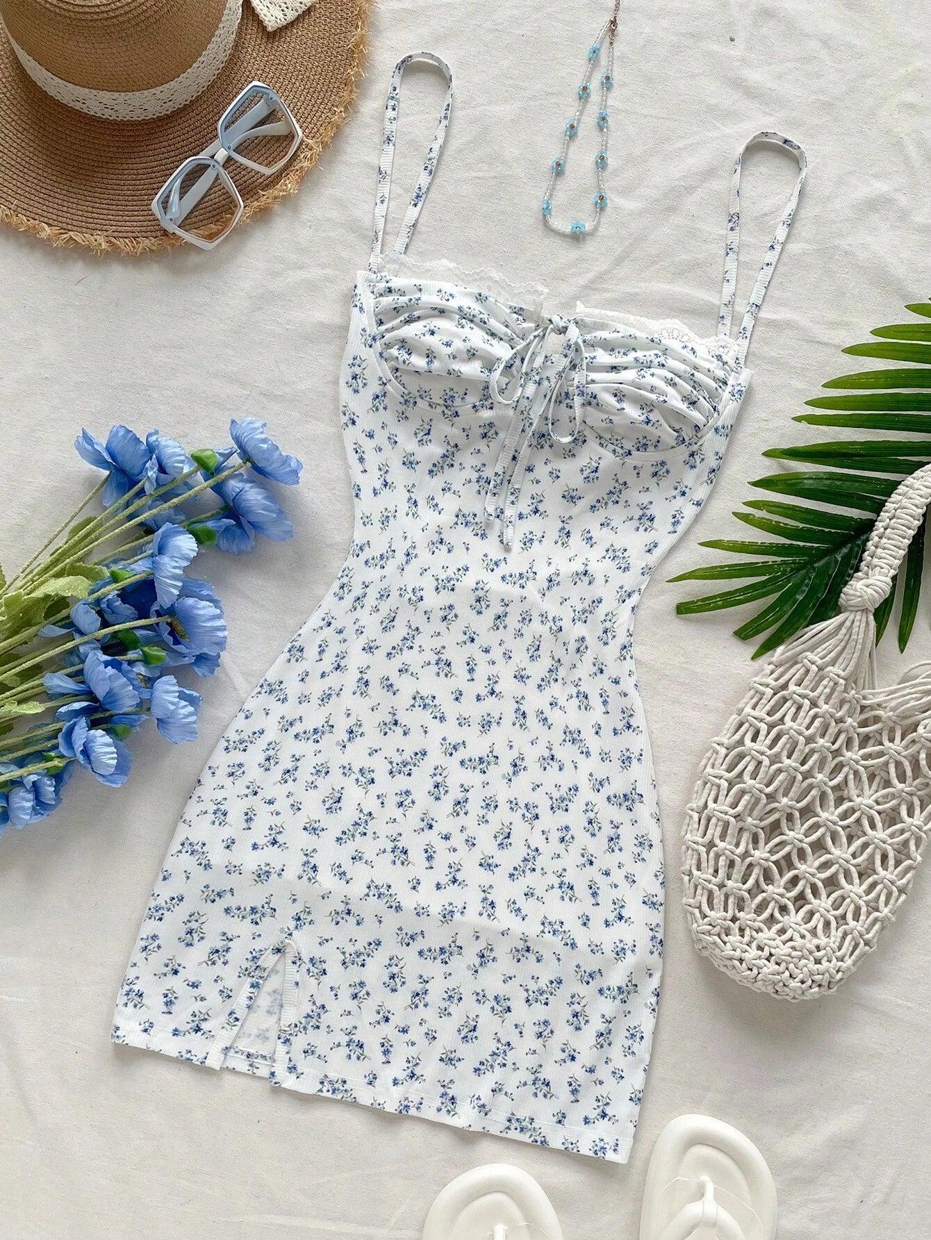 Soleia White And Pink Ditsy Floral Mini Dress,Summer Cottage Core Spaghetti Strap Bustier Patchwork Ruffle - image 8