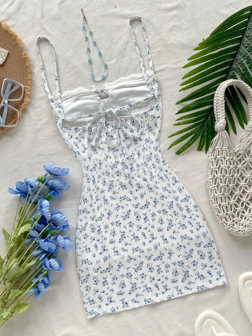 Soleia White And Pink Ditsy Floral Mini Dress,Summer Cottage Core Spaghetti Strap Bustier Patchwork Ruffle - image 9