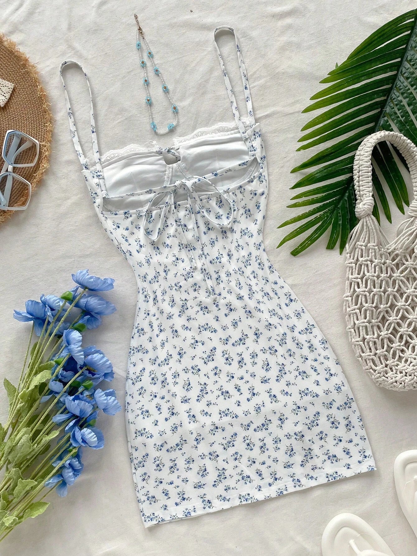 Soleia White And Pink Ditsy Floral Mini Dress,Summer Cottage Core Spaghetti Strap Bustier Patchwork Ruffle - image 9