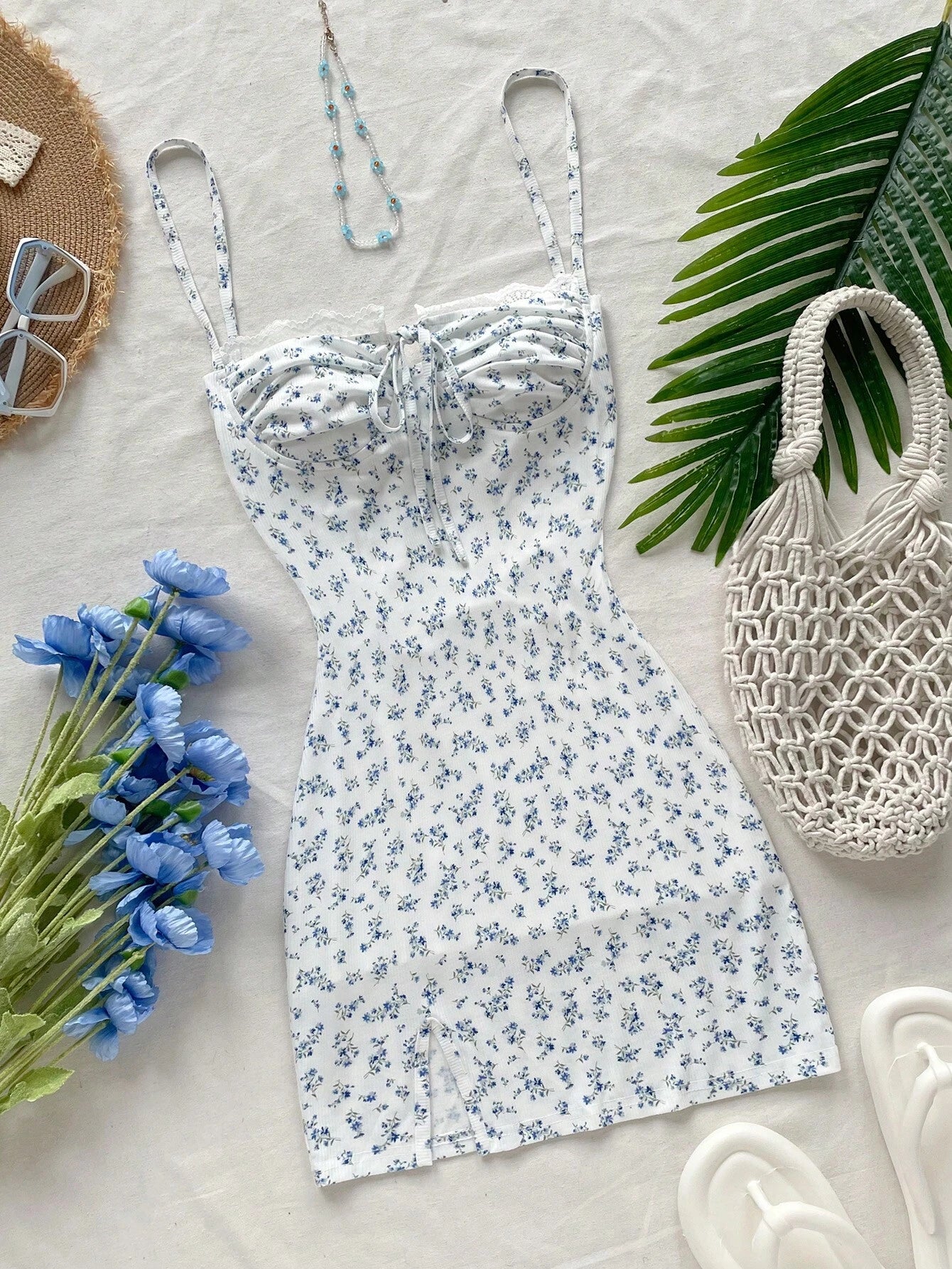 Soleia White And Pink Ditsy Floral Mini Dress,Summer Cottage Core Spaghetti Strap Bustier Patchwork Ruffle - image 14