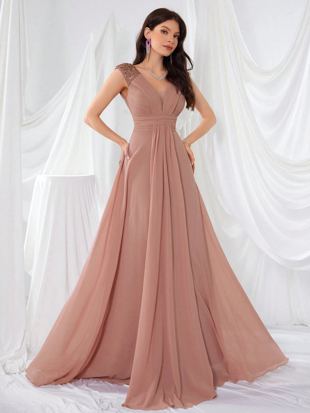 UNITHORSE V-Neck Ruffle Sleeve Pleated Leaf Net Mesh Splice Party Evening Dress Wedding - image 5