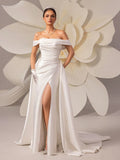 HEARBOBO Fashion Satin Off-Shoulder High Waist A-Line Evening Gown/Wedding Dress White Elegant