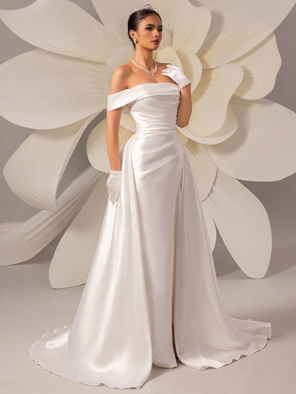HEARBOBO Fashion Satin Off-Shoulder High Waist A-Line Evening Gown/Wedding Dress White Elegant - image 3