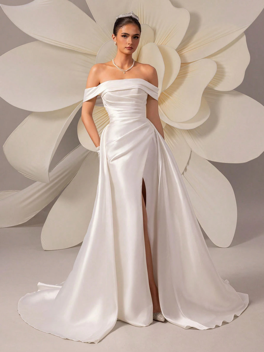 HEARBOBO Fashion Satin Off-Shoulder High Waist A-Line Evening Gown/Wedding Dress White Elegant - image 4