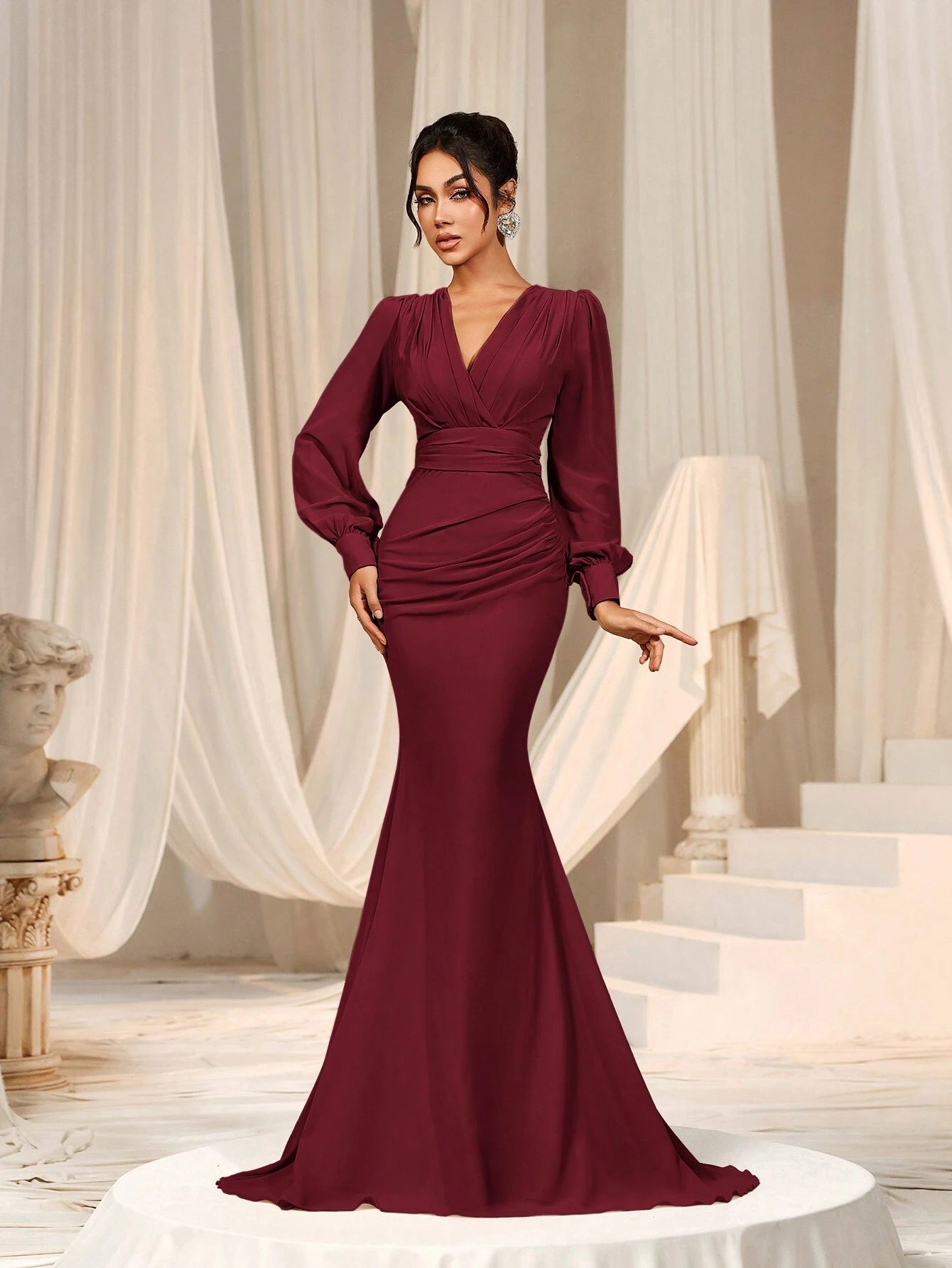Faeriesty Elegant Chiffon Long Bridesmaid Dress, V-Neck Puff Sleeve