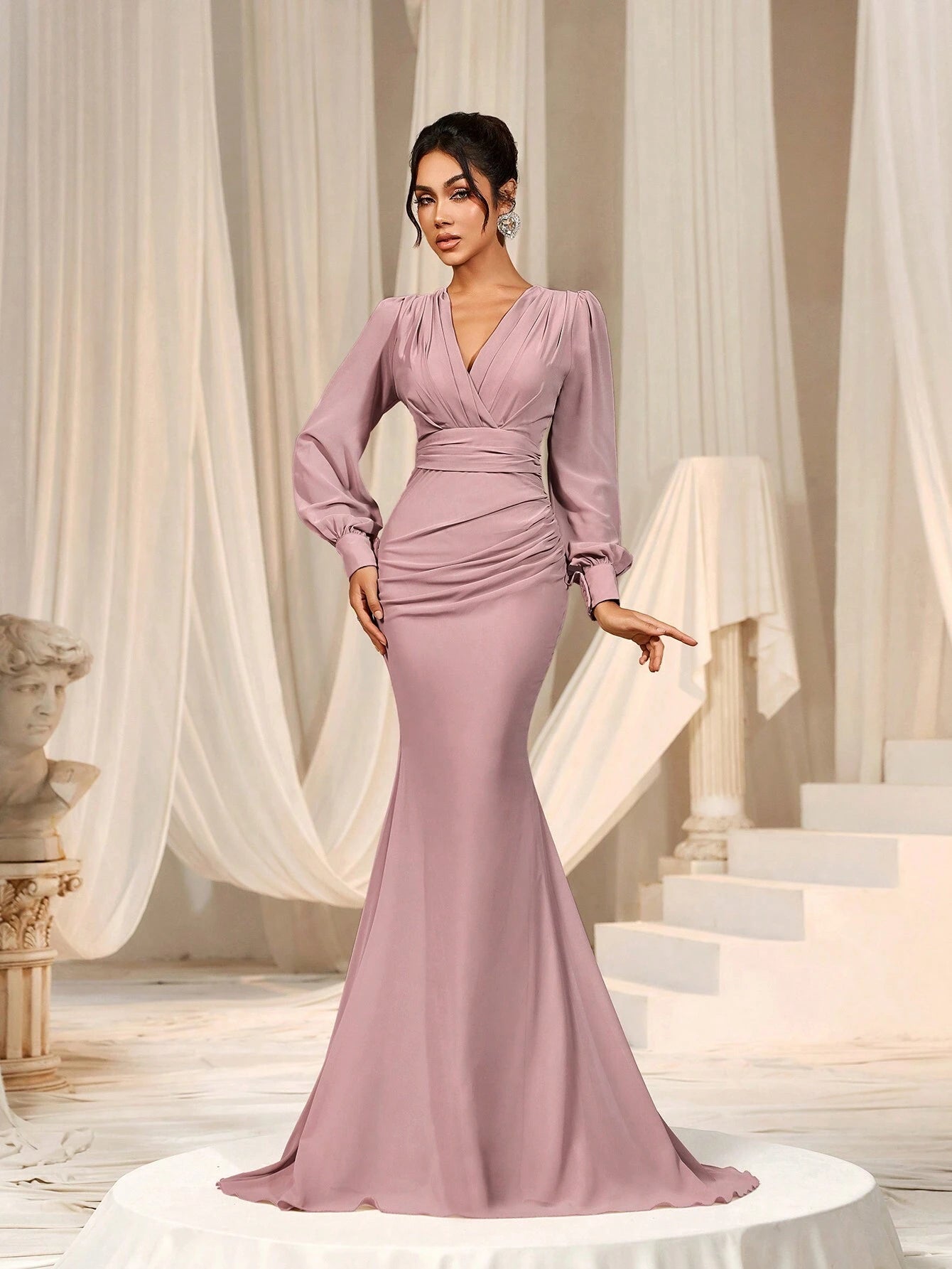 Faeriesty Elegant Chiffon Long Bridesmaid Dress, V-Neck Puff Sleeve