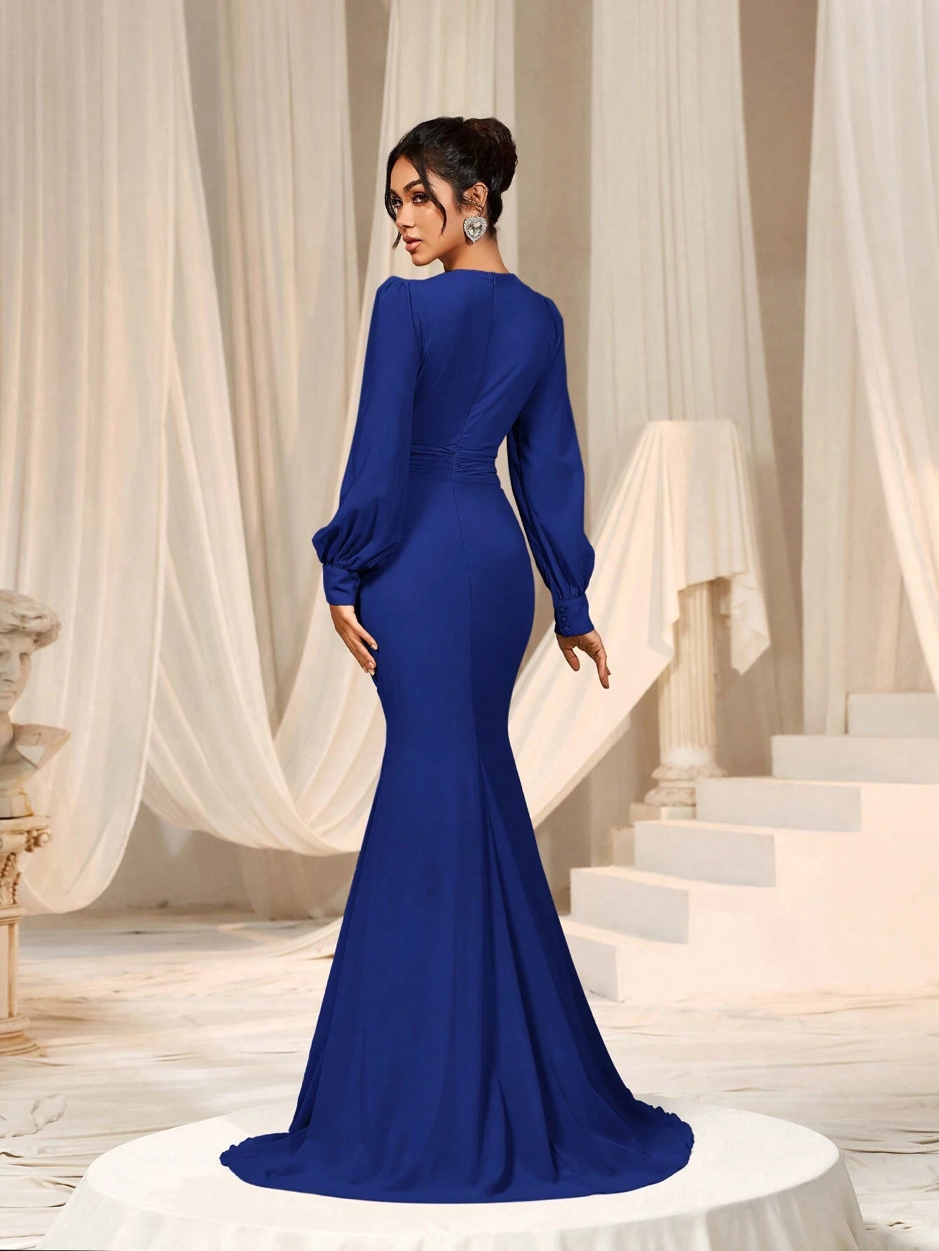 Faeriesty Elegant Chiffon Long Bridesmaid Dress, V-Neck Puff Sleeve Design With Ruffle & Satin Ribbon - image 2