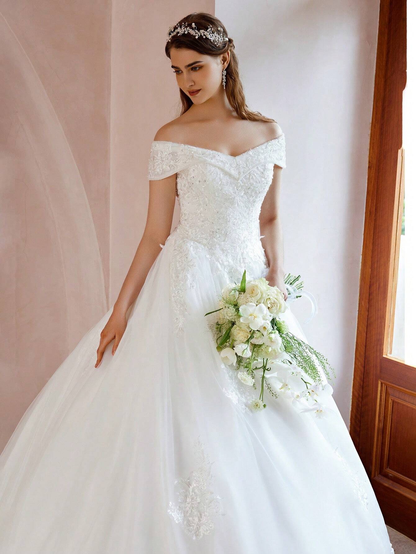 Elegant Open Shoulder Handmade Beaded Applique Tulle Dress Wedding Dress (Slip Not Included), Bridal Gown - image 7