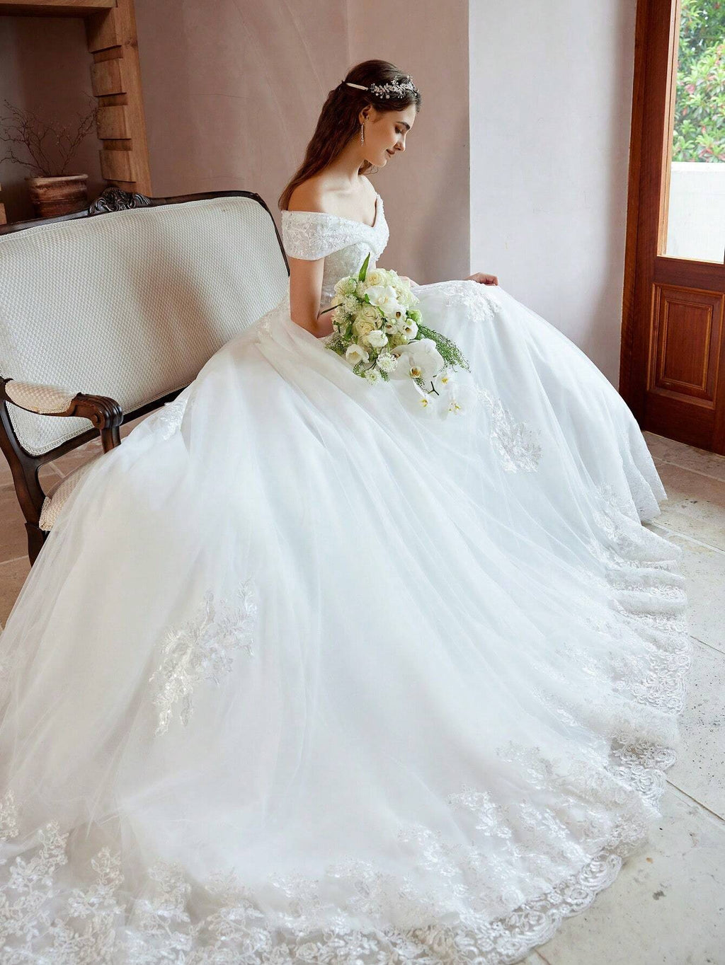 Elegant Open Shoulder Handmade Beaded Applique Tulle Dress Wedding Dress (Slip Not Included), Bridal Gown - image 5