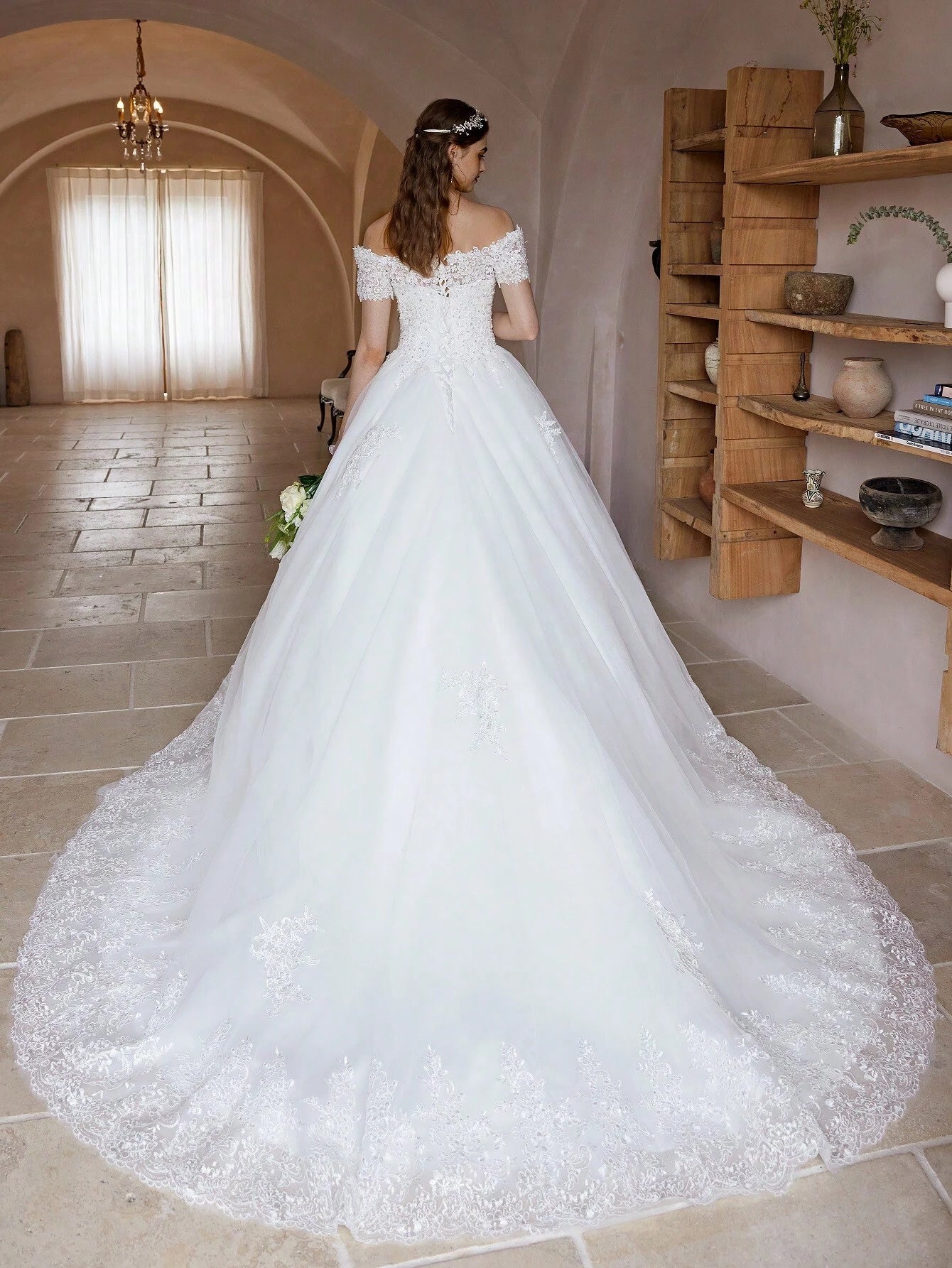 Poemssongs Elegant Handmade Beaded Off-Shoulder Sexy Short Sleeve Wedding Dress, Bridal Gown Spring - image 2