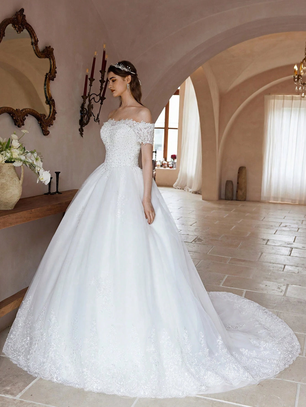 Poemssongs Elegant Handmade Beaded Off-Shoulder Sexy Short Sleeve Wedding Dress, Bridal Gown Spring - image 4