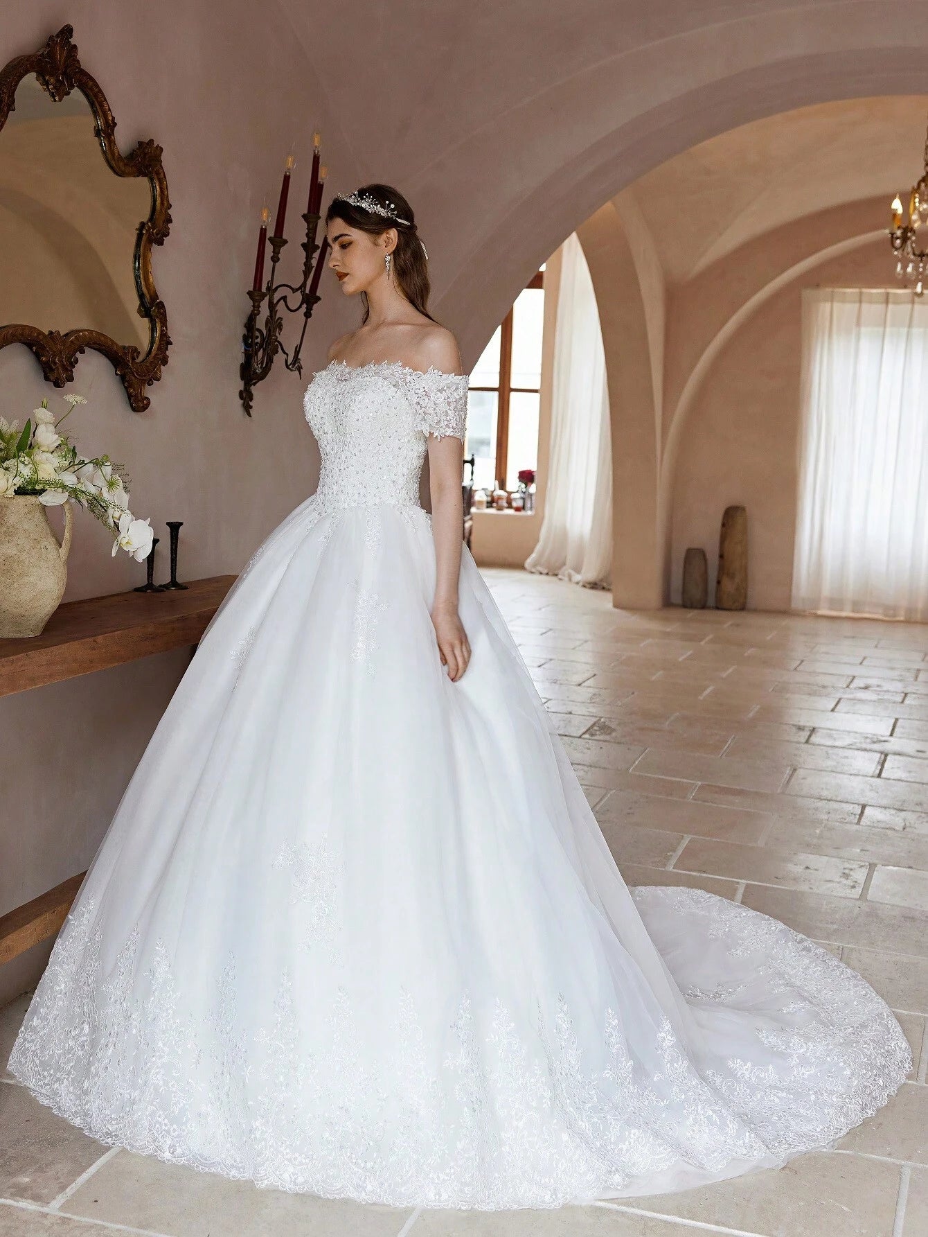 Poemssongs Elegant Handmade Beaded Off-Shoulder Sexy Short Sleeve Wedding Dress, Bridal Gown Spring - image 4