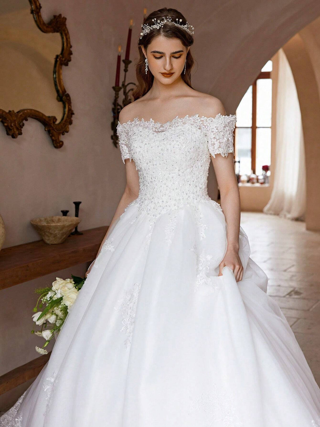 Poemssongs Elegant Handmade Beaded Off-Shoulder Sexy Short Sleeve Wedding Dress, Bridal Gown Spring - image 5