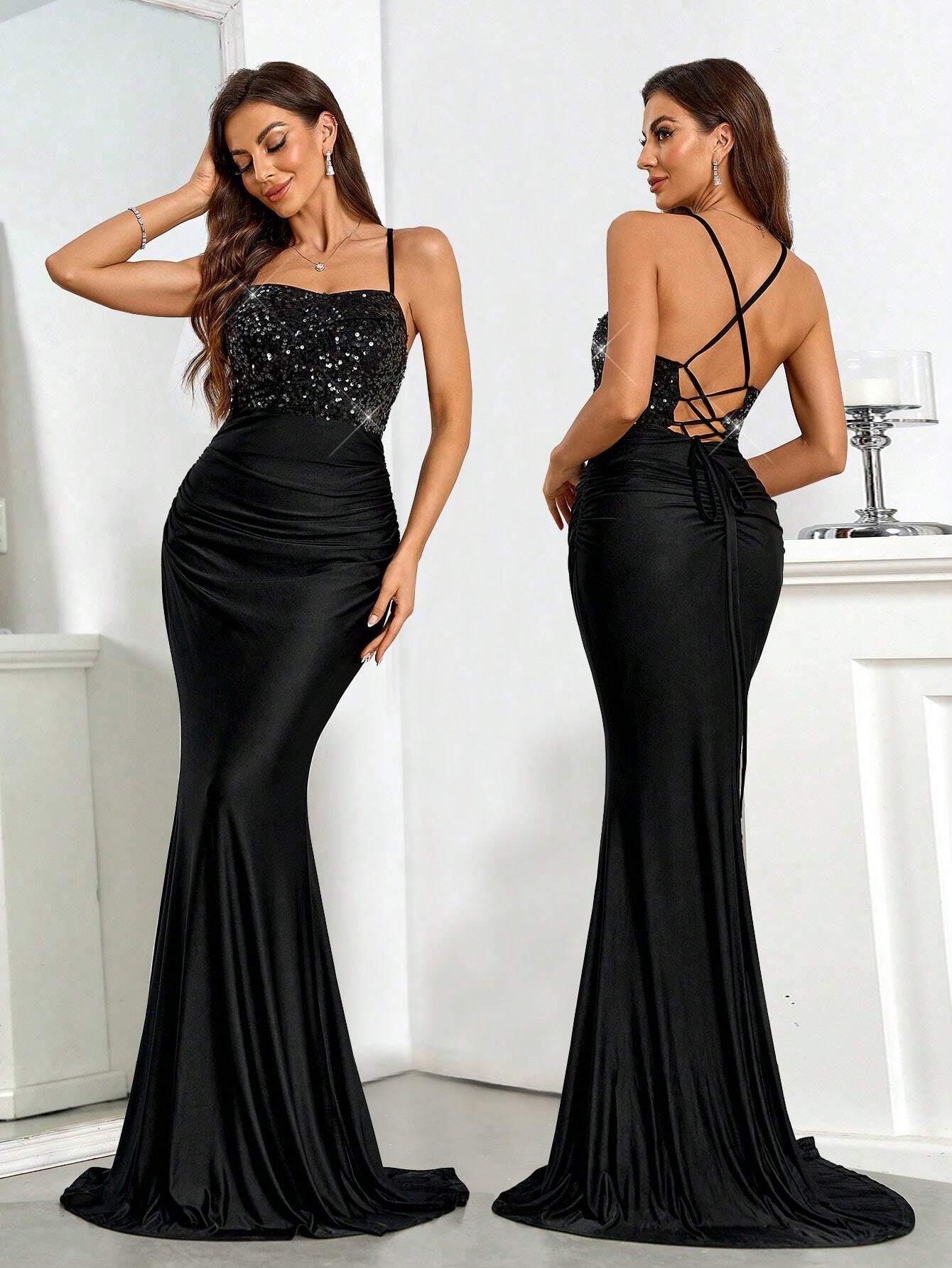 Belle Elegant,Grey,Summer,Dining Royal Blue Sequined Backless Satin Formal Evening Gown For Women,High Waist - image 11