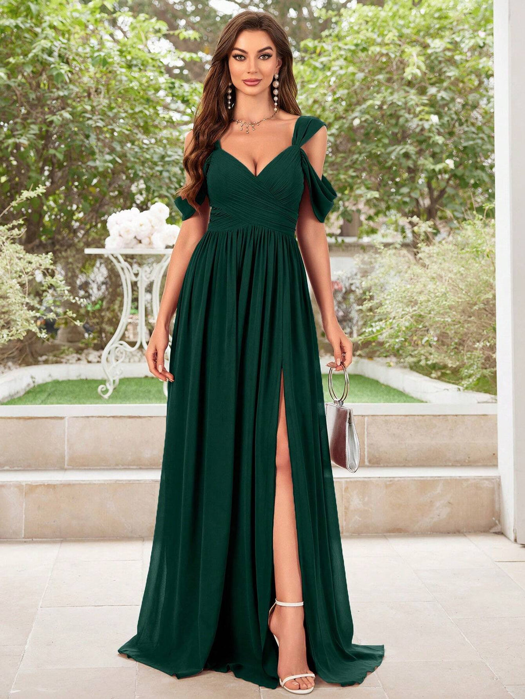 UNITHORSE Women's Solid Color Minimalist Daily Wear Cold Shoulder Chiffon Dress Bridesmaid Dress Wedding - image 10
