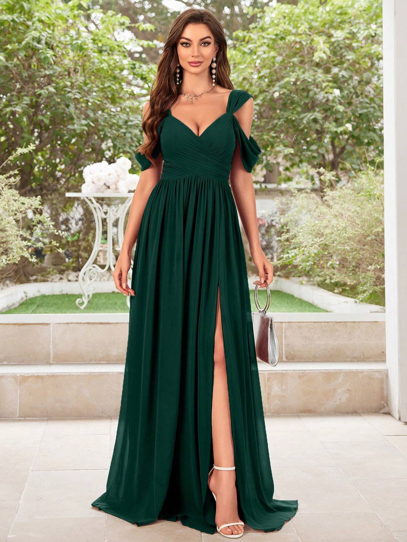 UNITHORSE Women's Solid Color Minimalist Daily Wear Cold Shoulder Chiffon Dress Bridesmaid Dress Wedding - image 10