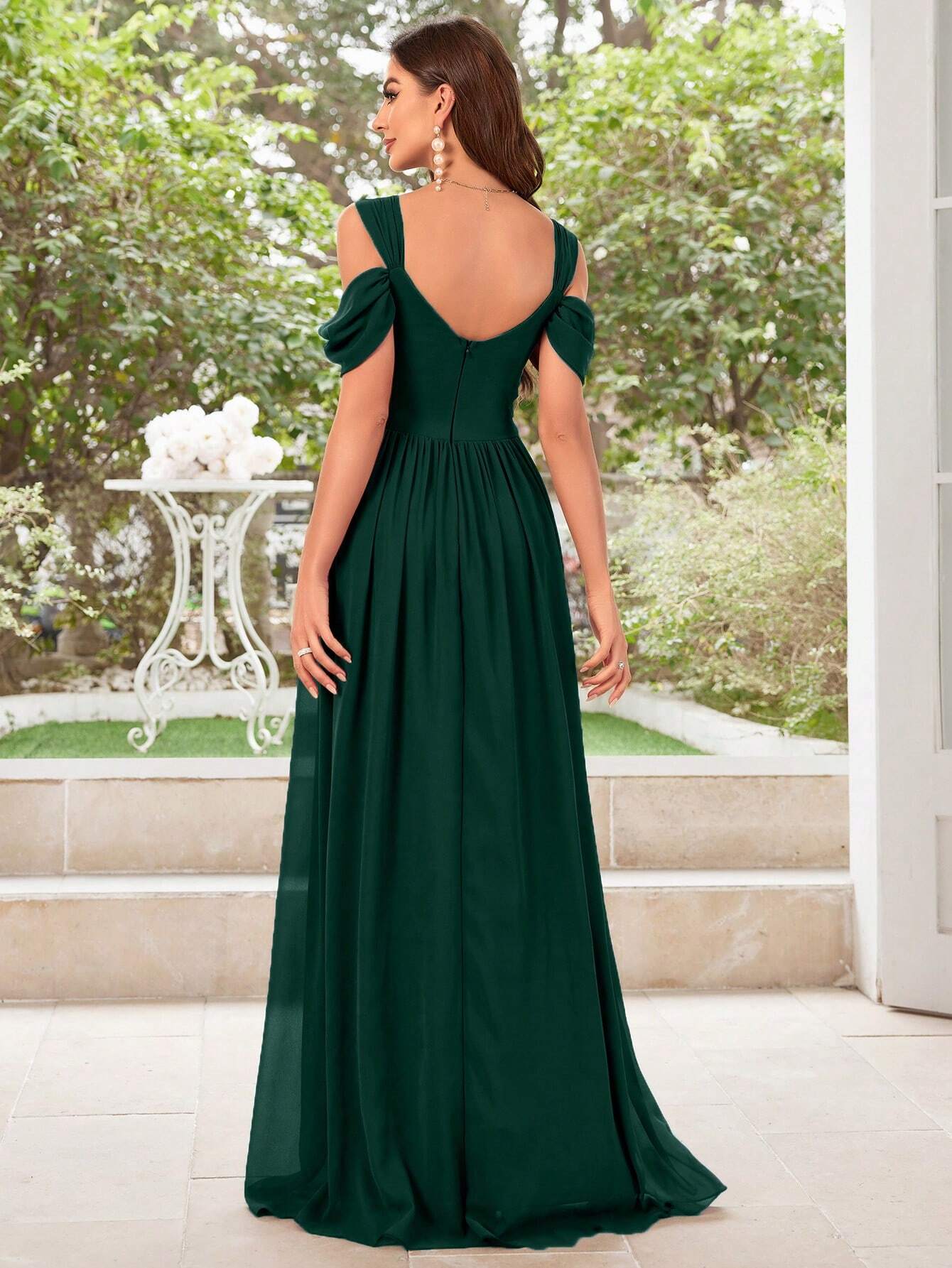 UNITHORSE Women's Solid Color Minimalist Daily Wear Cold Shoulder Chiffon Dress Bridesmaid Dress Wedding - image 9