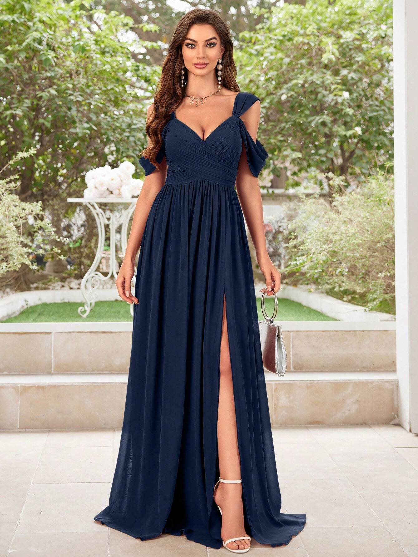 UNITHORSE Women's Solid Color Minimalist Daily Wear Cold Shoulder Chiffon Dress Bridesmaid Dress Wedding - image 12