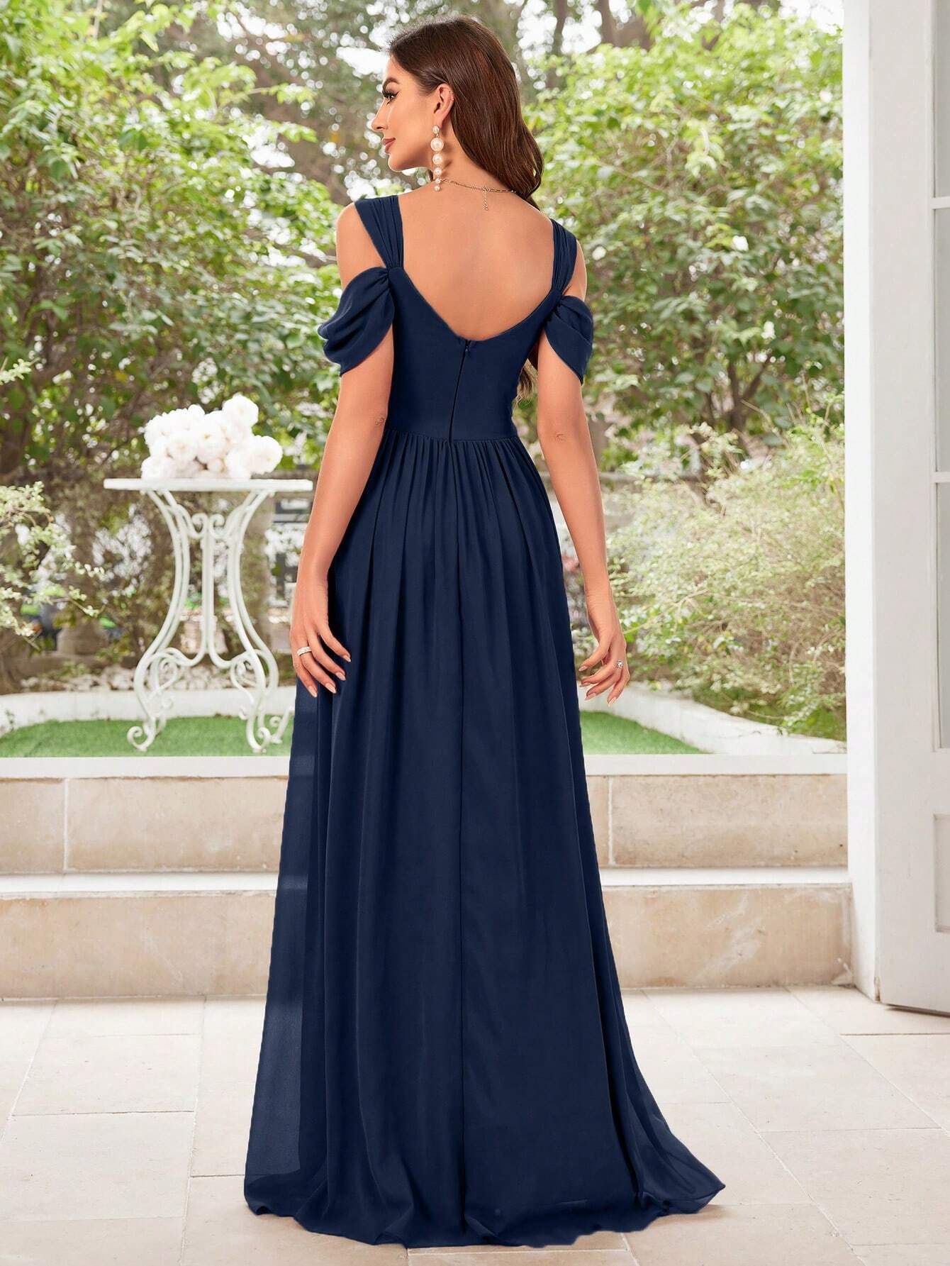 UNITHORSE Women's Solid Color Minimalist Daily Wear Cold Shoulder Chiffon Dress Bridesmaid Dress Wedding - image 13