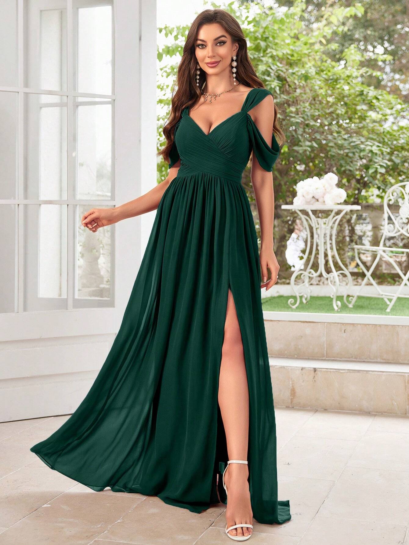 UNITHORSE Women's Solid Color Minimalist Daily Wear Cold Shoulder Chiffon Dress Bridesmaid Dress Wedding - image 8