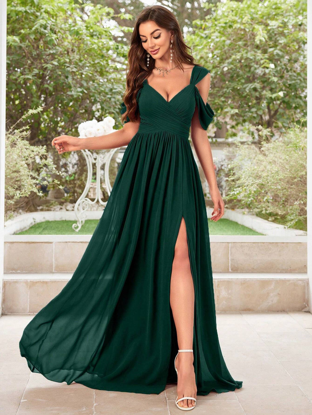 UNITHORSE Women's Solid Color Minimalist Daily Wear Cold Shoulder Chiffon Dress Bridesmaid Dress Wedding - image 20