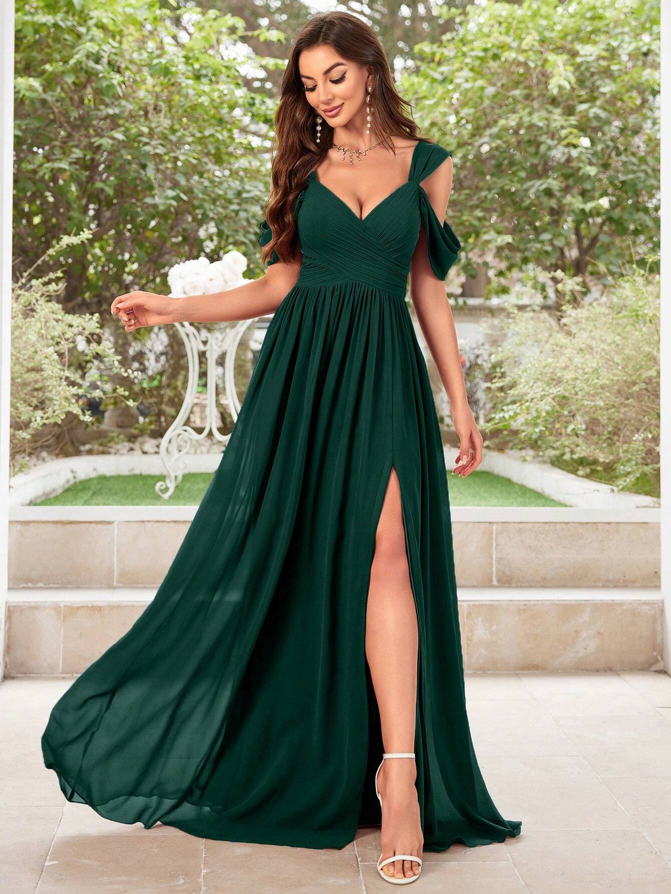 UNITHORSE Women's Solid Color Minimalist Daily Wear Cold Shoulder Chiffon Dress Bridesmaid Dress Wedding - image 20