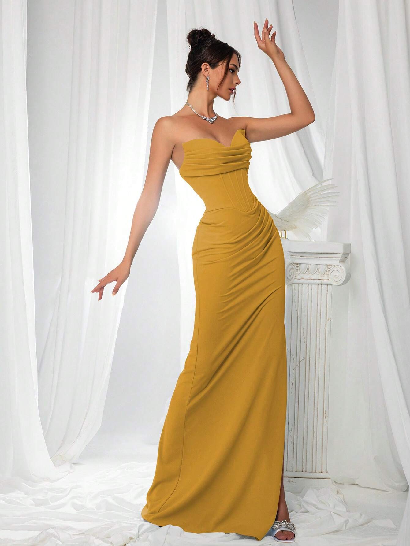 VIPGIRL Elegant Bridesmaid Dress: Strapless Fitted Satin Dress,