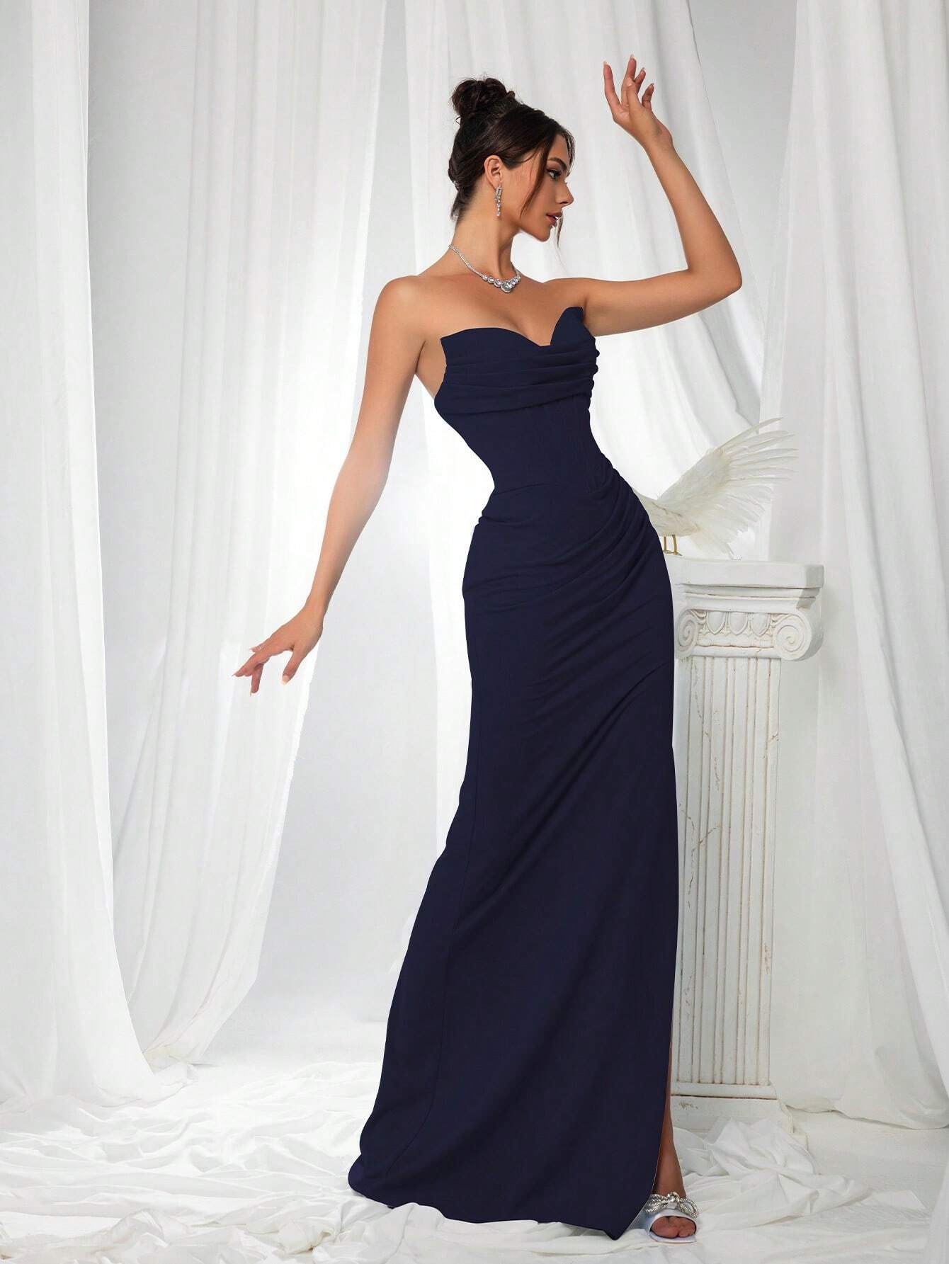 VIPGIRL Elegant Bridesmaid Dress: Strapless Fitted Satin Dress,