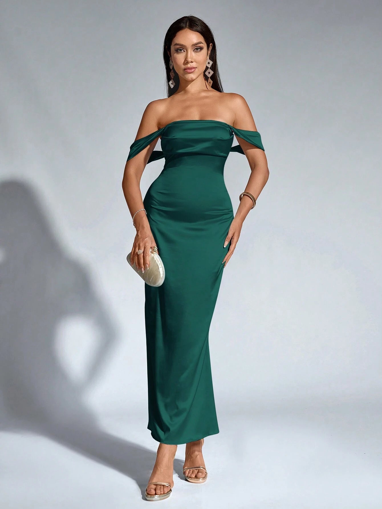 PARTHEA Open Shoulder Ruched Satin Elegant Bridesmaid Dress Wedding - image 11