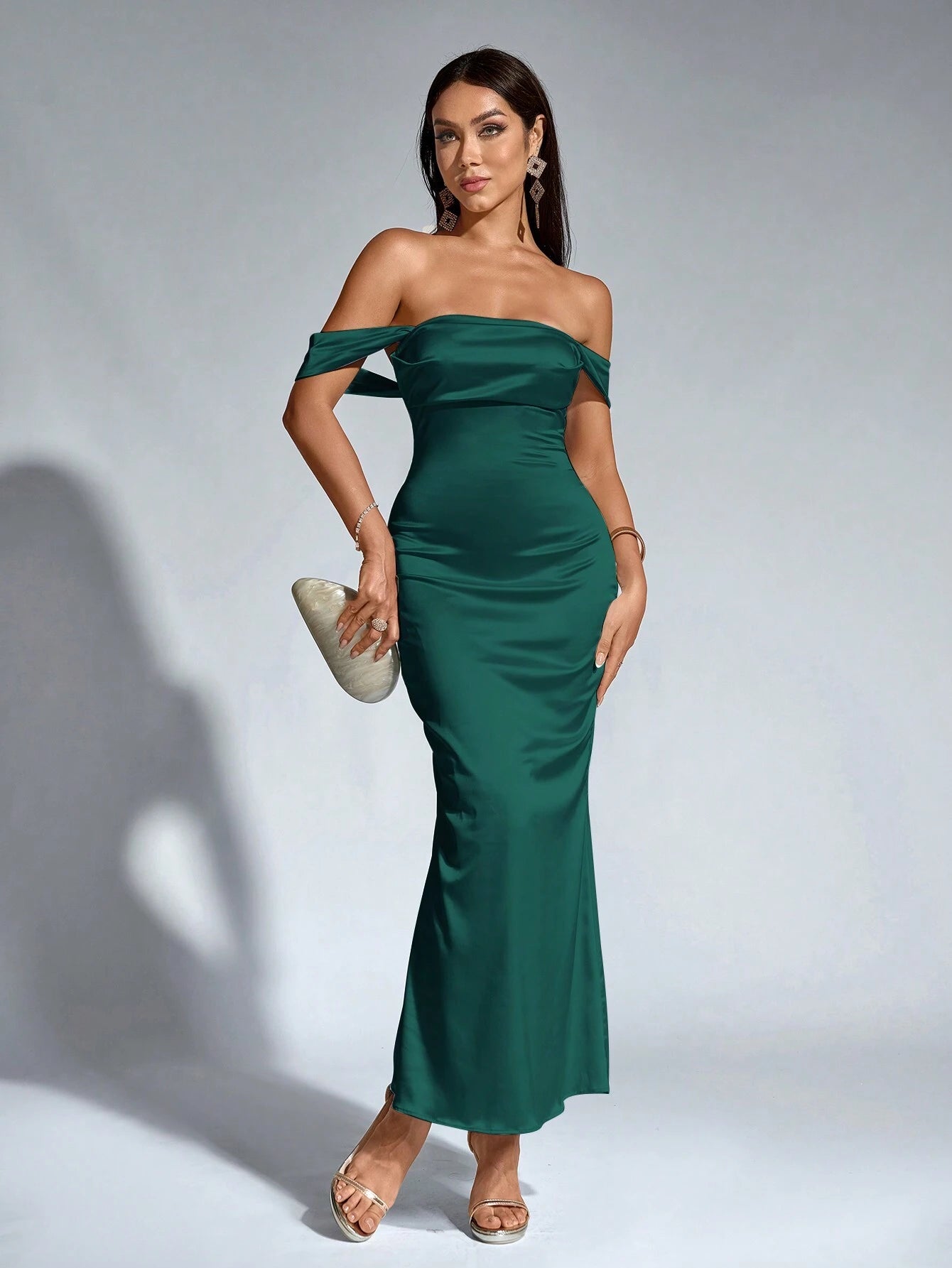 PARTHEA Open Shoulder Ruched Satin Elegant Bridesmaid Dress Wedding - image 15