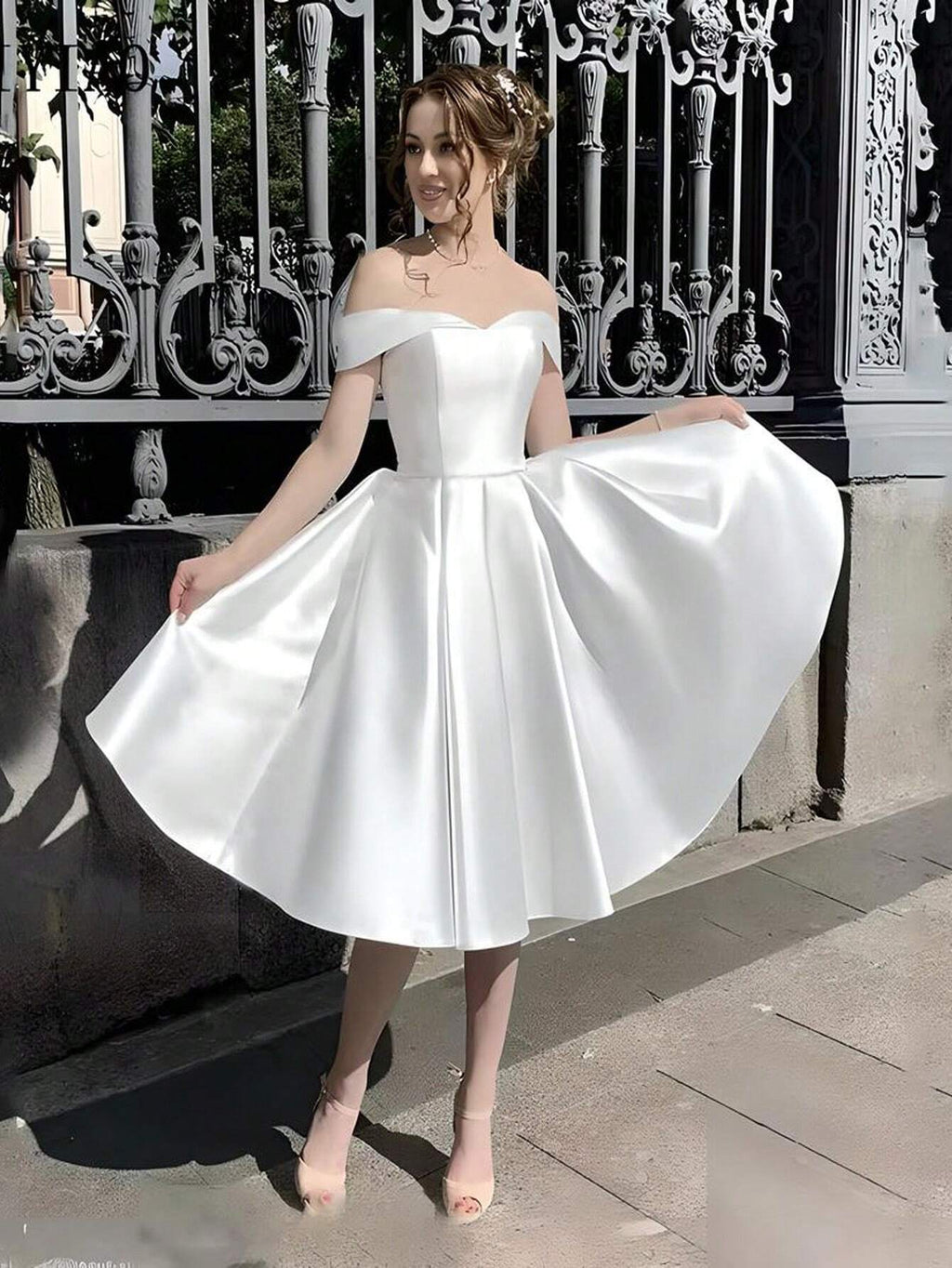 Short Off-Shoulder Bridal Wedding Dress, Tie-Back Minimalist Satin Elegant Ball Gown, Bridal Shower Dress - image 3